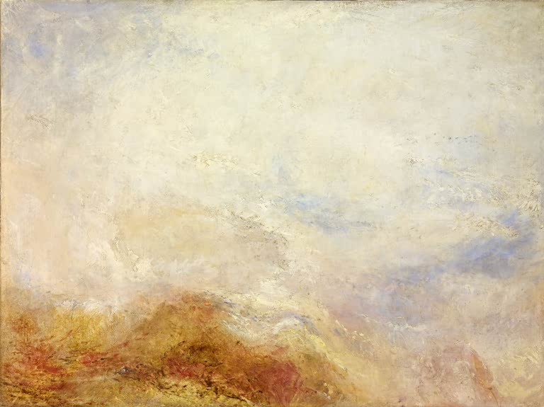 William Turner Gebirgslandschaft Val d’Aosta Kunstkopie, heller Nebel und Wolken über rotbraunen Hängen im Alpenlicht