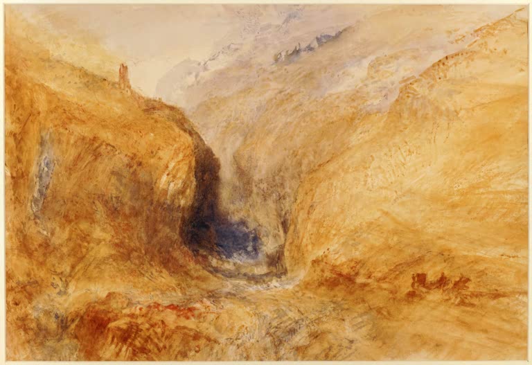 William Turner Gebirgslandschaft Kunstkopie, Aquarell mit glühend ockerfarbenen Felshängen und dunkler Schlucht