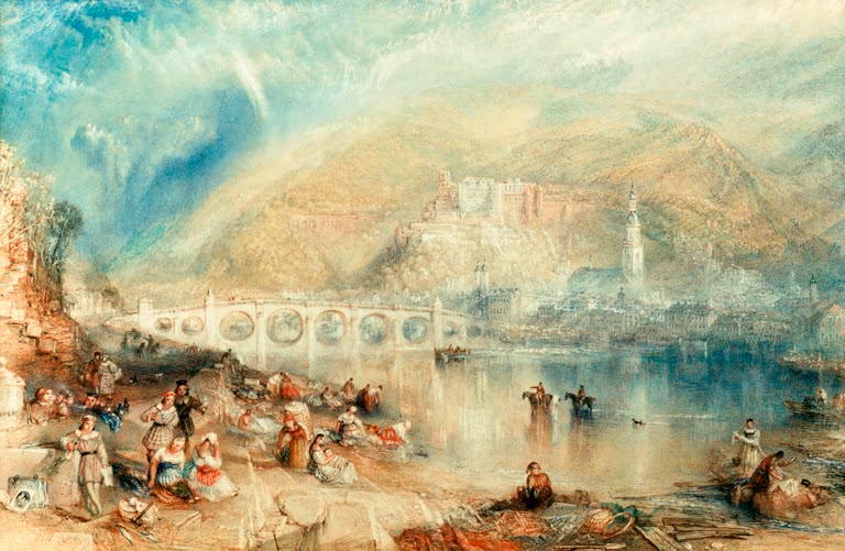 William Turner Heidelberg mit einem Regenbogen Kunstkopie, Schloss, Alte Brücke und Menschen am Neckarufer