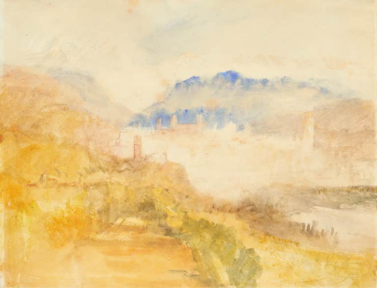 William Turner Ivrea, Piemont Kunstkopie, Aquarell einer Burgstadt im goldgelben Dunst vor blauen Bergen am Fluss