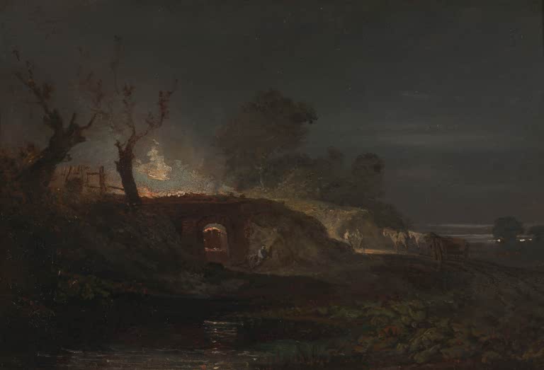 William Turner Kalkofen bei Coalbrookdale Kunstkopie, nächtlicher Feuerschein hinter einer Steinbrücke
