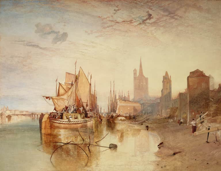 William Turner Köln, Ankunft eines Paketboots am Abend Kunstkopie, Segelboot am Rheinufer vor Kirchturm im Abendlicht