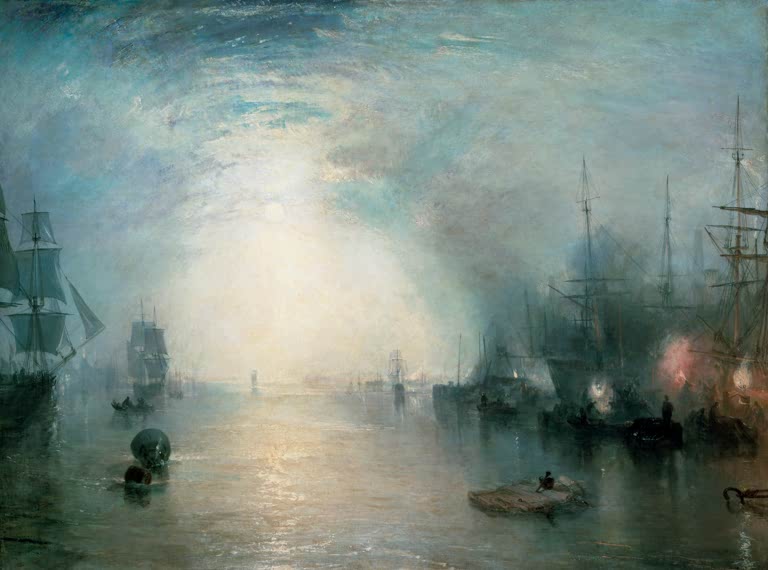 William Turner Kohlenschiffer beim Verladen im Mondlicht Kunstkopie, Segelschiffe im nächtlichen Hafen unter hellem Mond