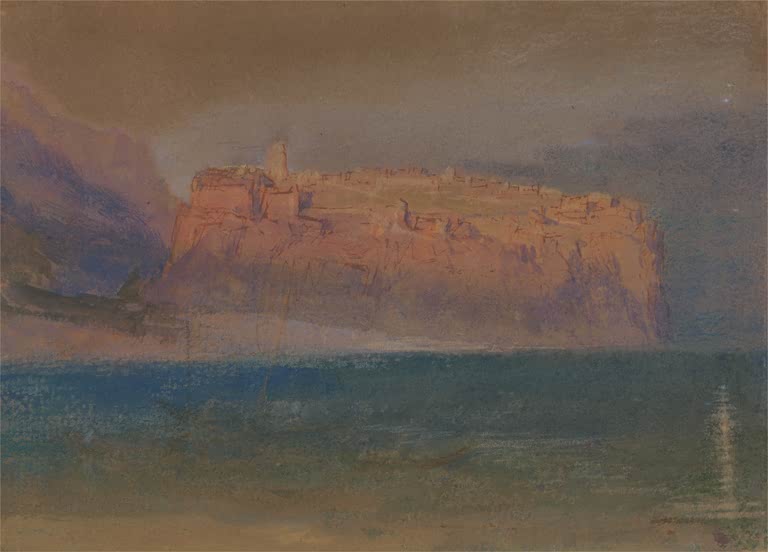 William Turner Korsika Kunstkopie, orange leuchtende Felsfestung über dunklem Meer