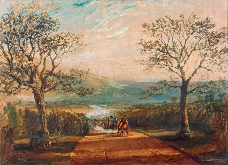 William Turner Kutsche auf einer Straße durch das Tal Kunstkopie, zwei Bäume und Reiter mit Kutsche vor Hügeln