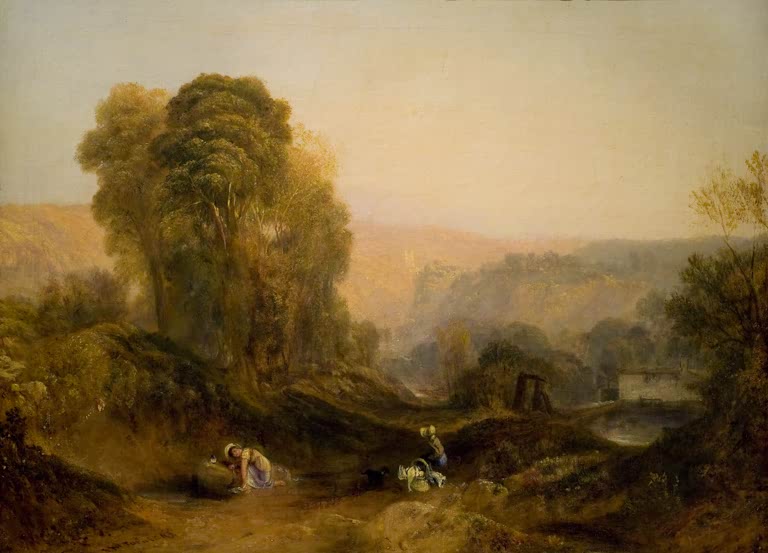 William Turner Landschaft in Derbyshire Kunstkopie, hohe Bäume und Hirtenszene in einem dunstigen Tal bei Abendlicht