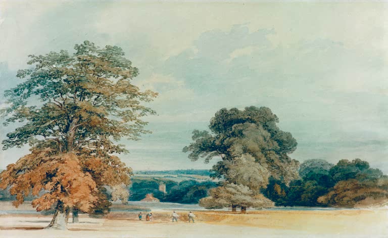 William Turner Landschaft in Kent Kunstkopie, Aquarell mit zwei mächtigen Laubbäumen und Feldarbeitern unter weitem Himmel