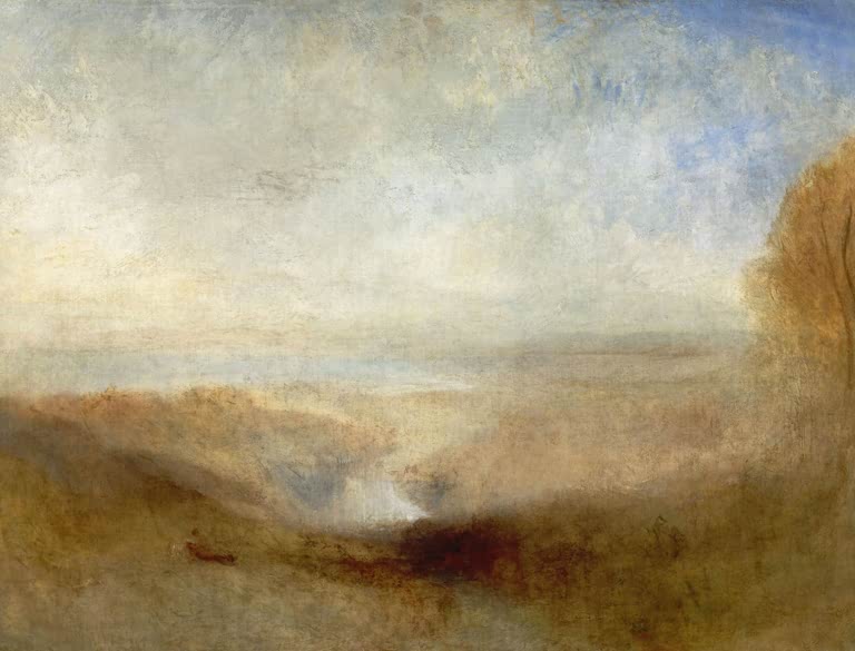 William Turner Landschaft mit Fluss und Bucht Kunstkopie, goldener Dunst über Hügeln unter hellem Himmel