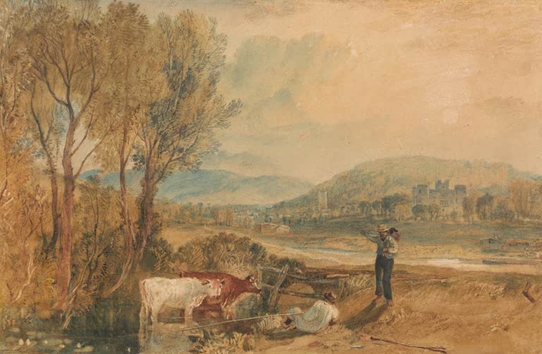 William Turner Lulworth Castle, Dorset Kunstkopie, Kühe am Teich unter hohen Bäumen mit Schloss vor goldenem Himmel