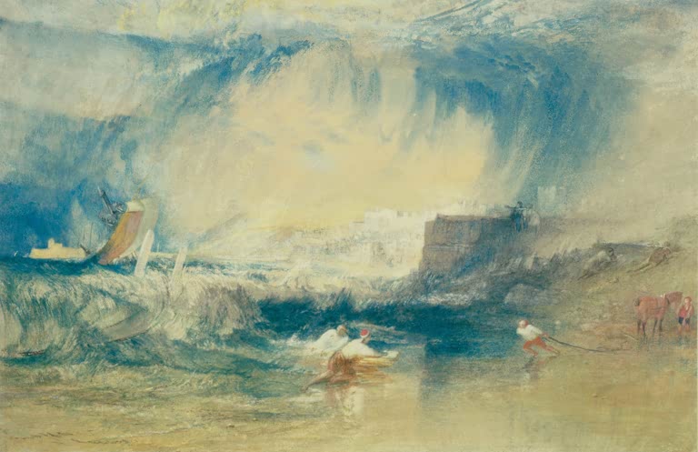 William Turner Lyme Regis in Dorsetshire Kunstkopie, Sturm über der Küste mit Fischern, Boot und Brandung