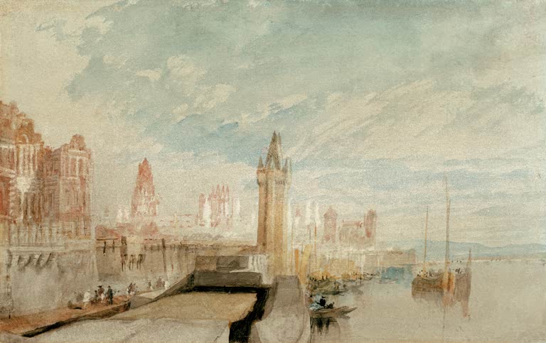 William Turner Mainz am Rhein Kunstkopie, Stadtansicht mit Turm, Kirchen und Segelbooten unter weitem Himmel