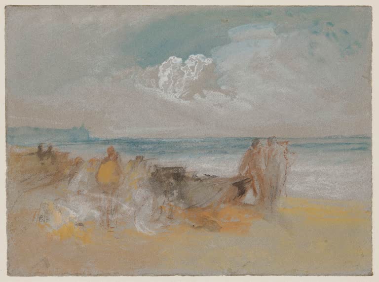 William Turner Margate, Strandszene Kunstkopie, Farbskizze mit Figuren und Booten am Strand unter weißen Wolken