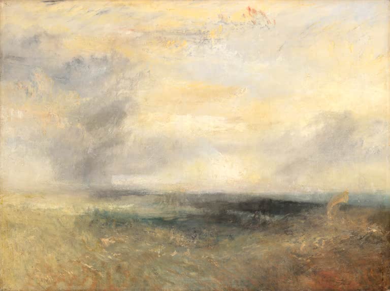 William Turner Margate vom Meer aus Kunstkopie, goldener Wolkenhimmel über bewegter See mit kleinem Segel am Horizont