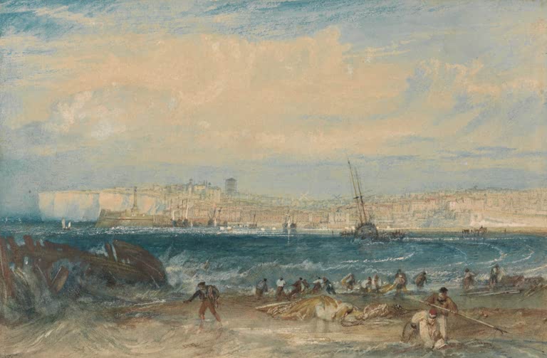 William Turner Margate Kunstkopie, Fischer am Strand vor Kreideklippen und Küstenstadt unter weitem Himmel