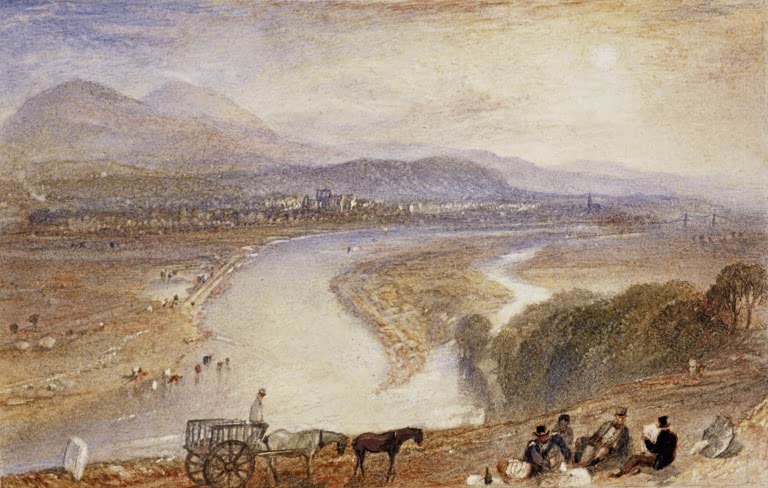 William Turner Melrose und die Eildon Hills Kunstkopie, Flusslandschaft mit Hügeln und Rastgesellschaft beim Picknick