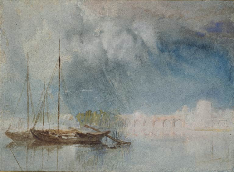 William Turner Nantes, Pont Pirmil Kunstkopie, Boote, Gewitterwolken und helle Bogenbrücke