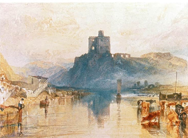 William Turner Norham Castle am Fluss Tweed Kunstkopie, blaue Burgruine über spiegelndem Fluss mit Kühen