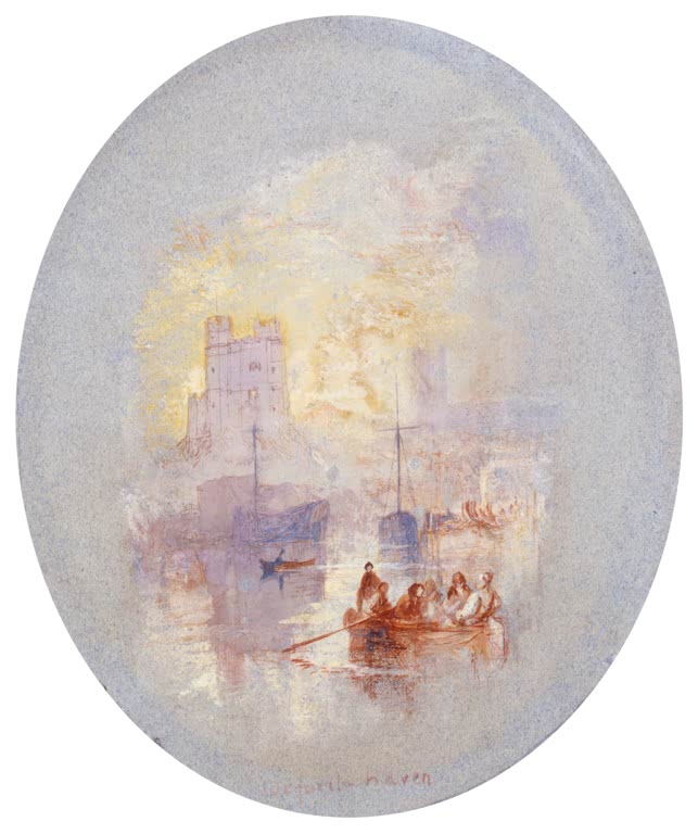William Turner Orford Haven Kunstkopie, ovales Bild mit Burgturm im Abendlicht und einem Ruderboot voller Menschen
