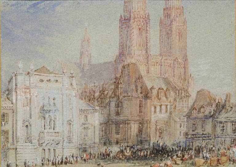 William Turner Orléans an der Loire Kunstkopie, Kathedralentürme und Barockbau über belebtem Marktplatz