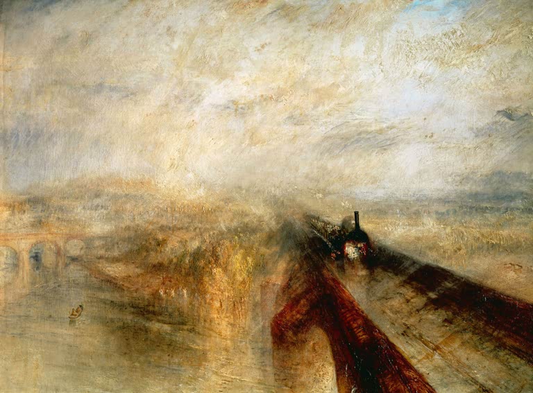 William Turner Regen, Dampf und Geschwindigkeit – Die Great Western Railway Kunstkopie, Lokomotive im goldenen Dunst