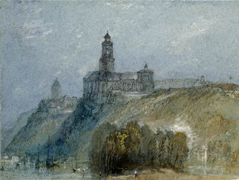 William Turner Saint-Florent-le-Vieil an der Loire Kunstkopie, Kirche auf dem Hügel im blaugrauen Dunst über dem Fluss