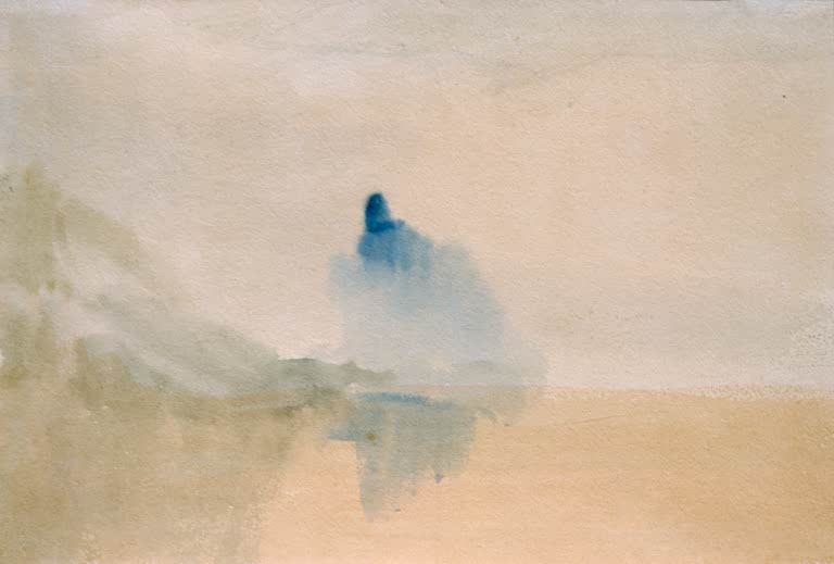 William Turner Schloss am Ufer eines Sees Kunstkopie, blaue Silhouette im Dunst über sandfarbenem Ufer und Spiegelung