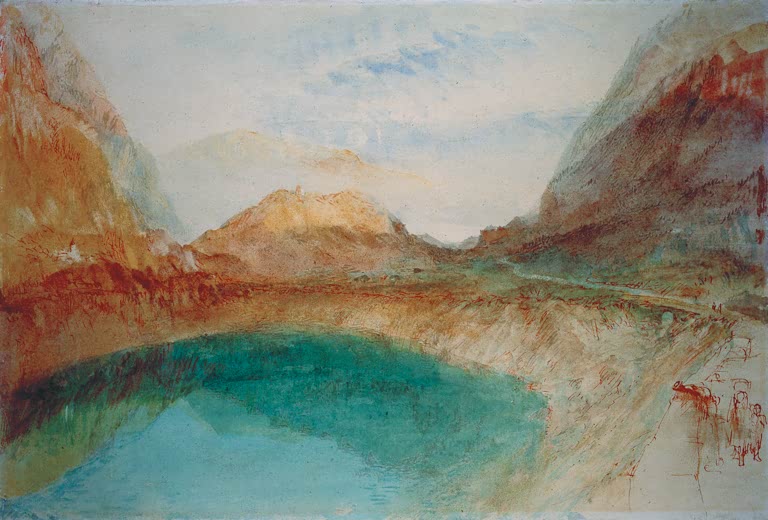 William Turner See in den Schweizer Alpen Kunstkopie, Aquarell mit türkisfarbenem Bergsee zwischen rostroten Felswänden