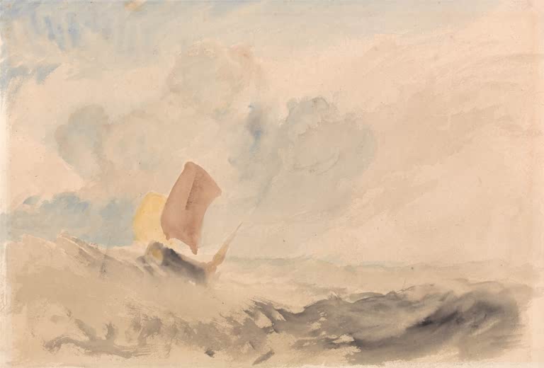 William Turner Seestück, Fischerboot in rauer See Kunstkopie, rosa Segel im Wellengang unter zarten blauen und beigen Wolken