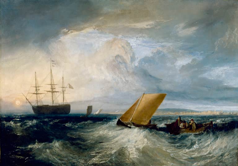 William Turner Sheerness von der Nore aus gesehen Kunstkopie, Kriegsschiff und Fischerboot auf bewegter See unter Sturmwolken