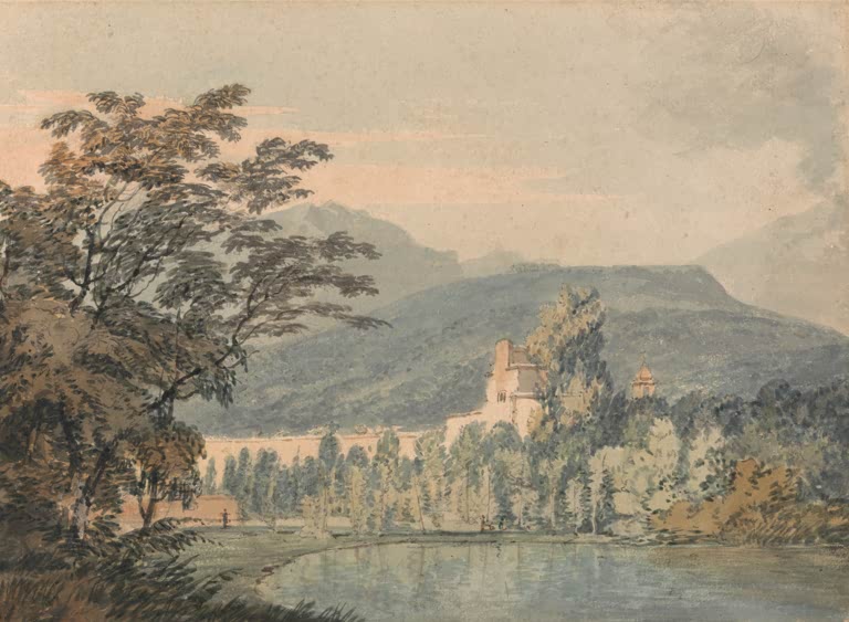 William Turner Sir William Hamiltons Villa Kunstkopie, Gebäude hinter Bäumen am See vor bläulichen Bergen