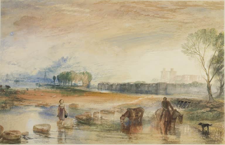 William Turner Sonnenuntergang und Mondaufgang Kunstkopie, Mädchen auf Trittsteinen und Reiter an einer Furt