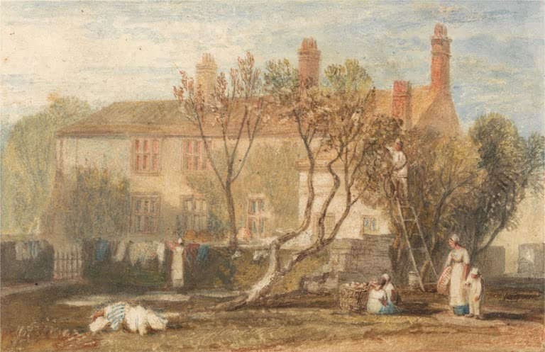 William Turner Steeton Manor House bei Farnley Kunstkopie, Landhaus mit Obstbäumen, Leiter und Frauen bei der Ernte