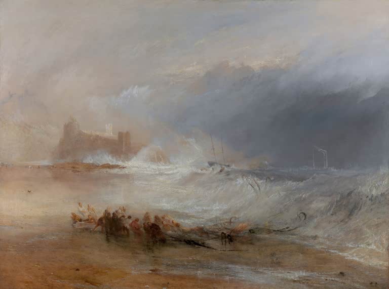 William Turner Strandräuber Northumberland Kunstkopie, Menschen am Strand vor Burgruine und stürmischer See