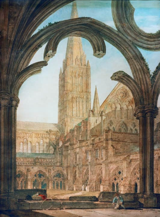 William Turner Südansicht der Salisbury Cathedral vom Kreuzgang Kunstkopie, Turm durch Kreuzgangbögen