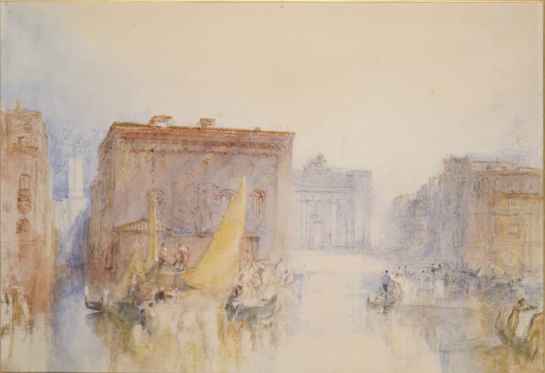 William Turner Venedig, die Accademia Kunstkopie, Gondeln und gelbes Segel vor Palazzo und Kirchenfassade im Dunst