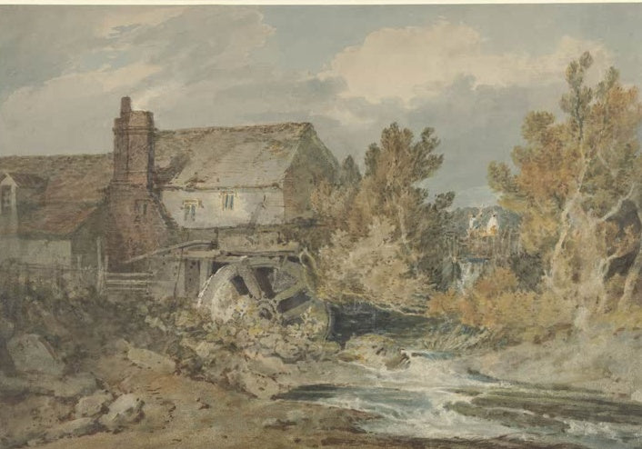 William Turner Wassermühle an einem Bach Kunstkopie, Aquarell mit Mühlrad, Steinhaus und rauschendem Wasser