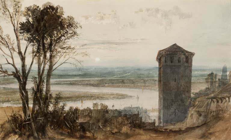 William Turner Weißenthurm und das Hoche-Denkmal Kunstkopie, Turm am Rhein mit Bäumen und Mond in Abendstimmung