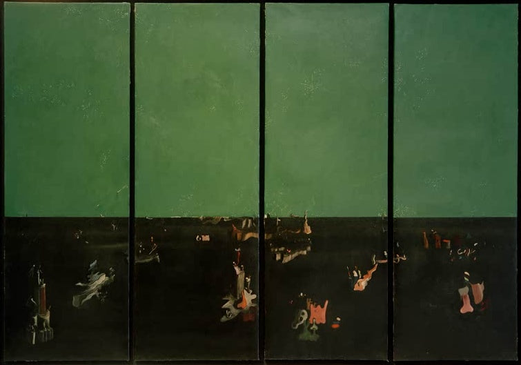 Vierteiliger Wandschirm, grüner Himmel über schwarzer Fläche – Yves Tanguy Das Firmament Kunstkopie