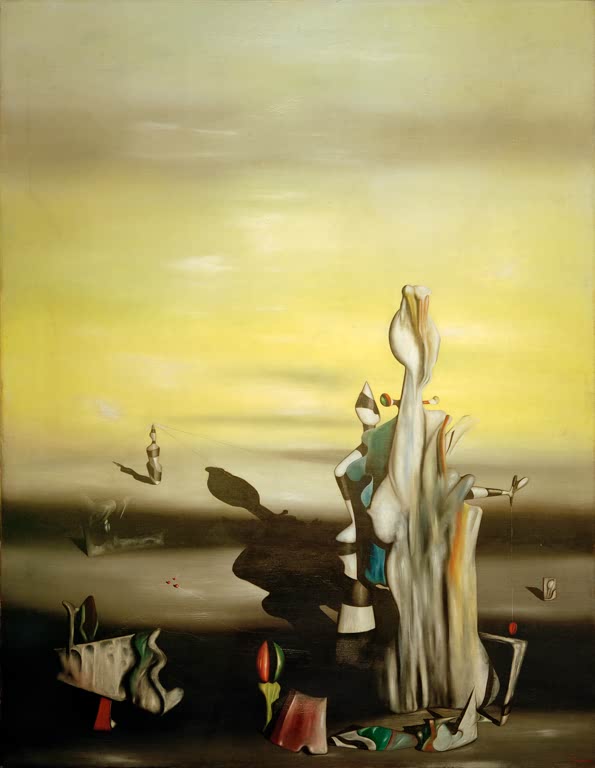 Hohe weiße Gestalt mit bunten Teilen vor gelbem Himmel – Yves Tanguy Die abwesende Dame Kunstkopie