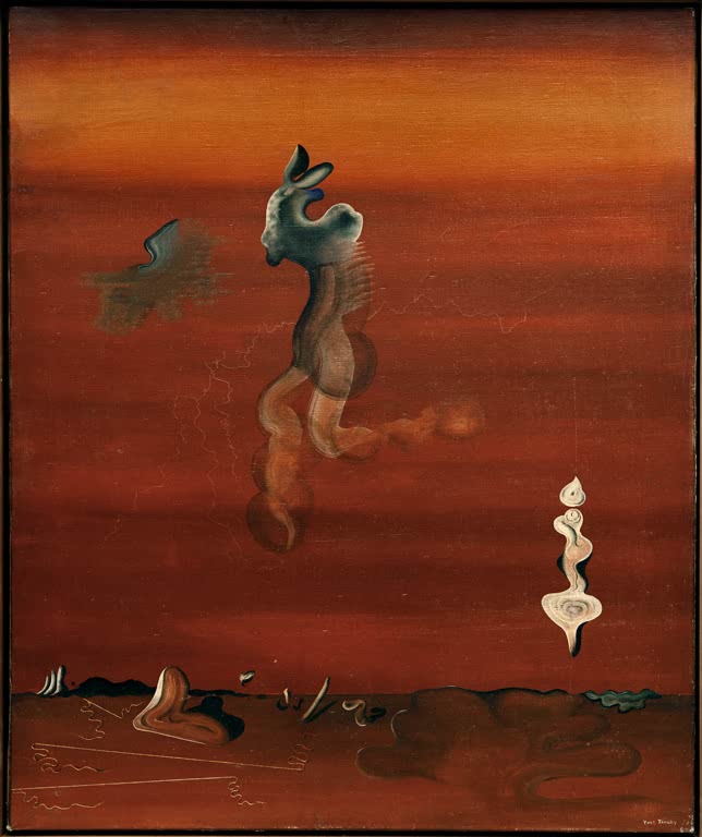 Rotbrauner Himmel mit schwebendem Tierwesen und heller Gestalt am Horizont – Yves Tanguy Die Ansichten Kunstkopie