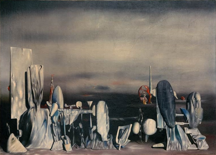 Weiße gespenstische Formen vor dunkler Horizontlinie und Wolkenhimmel – Yves Tanguy Die letzten Tage Kunstkopie
