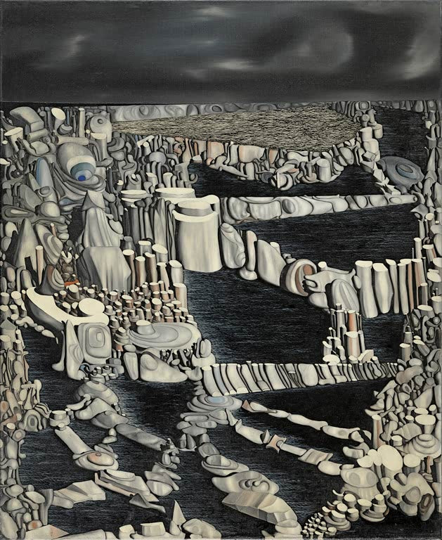 Terrassenartige Stadt aus grauweißen Gebilden vor dunklem Himmel – Yves Tanguy Imaginäre Zahlen Kunstkopie