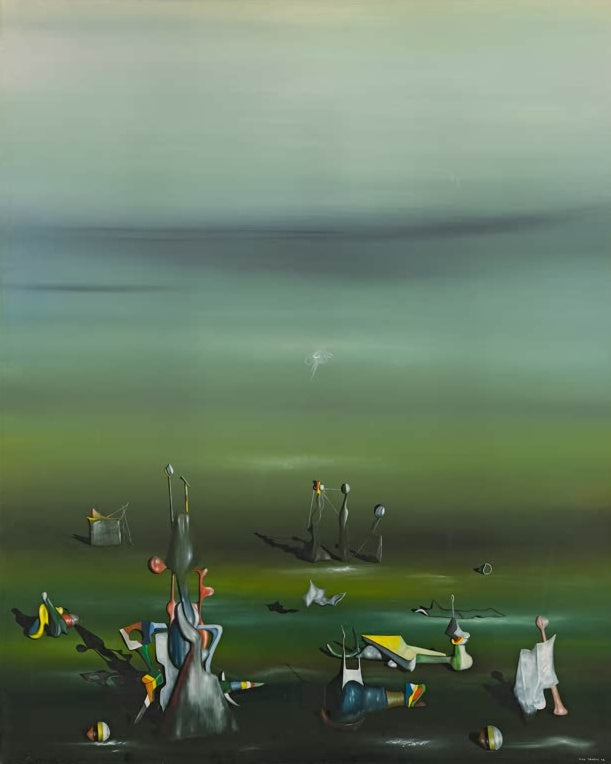 Grüne Weite mit surrealen Gebilden und Figuren unter Nebelhimmel – Yves Tanguy Immer und wieder Kunstkopie