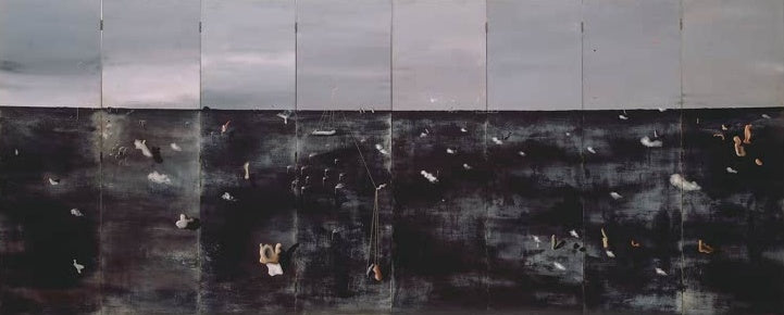 Achtteiliges Wandbild mit dunkler Meeresfläche, hellen Formen und grauem Himmel – Yves Tanguy Ohne Titel Kunstkopie